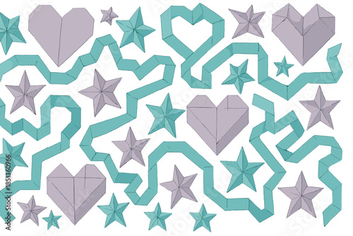 Origami Memory Patterns. an origami pattern made of memories, folded into shapes of hearts, stars, and paths, lavender and teal