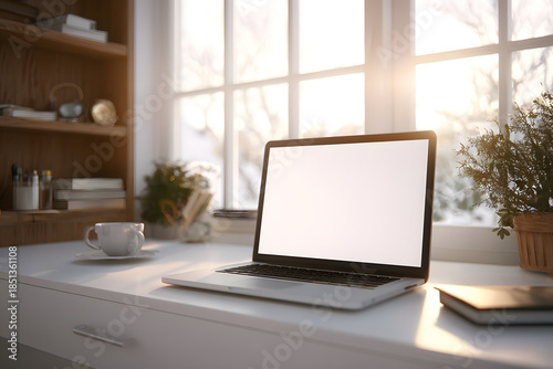 Wallpaper Mural Modern workspace with laptop, plants, and sunlight creating a serene atmosphere in a cozy room Torontodigital.ca