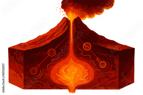 Volcano Cross-Section Diagram. a cross-section diagram of a glowing volcano showing magma chamber imaging tools scanning beneath