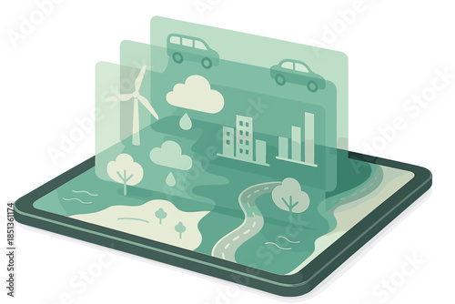 Harmonized Data Visualization. a tablet showing overlapping layers of environmental, energy, and mobility data harmonized in one