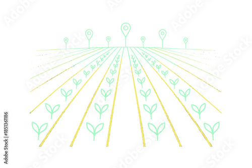 Precision Planting Guide. a glowing precision planting guide showing neat crop rows aligned with digital markers, mint and gold