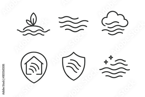 Drifting Sound Symbols. Icons for: drifting haven murmurs, flowing ambient wave symbols, soft resonance clouds, luminous echo