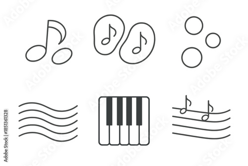 Melodic Emptiness Icons. Line vector icons of melodic emptiness temptations: curved note hollows, floating rest symbols, resonant