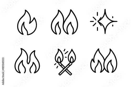 Dynamic Flame Icons. Line vector icons of dynamic flame kinships: paired fire lines, balanced ember forms, symmetrical spark duos,