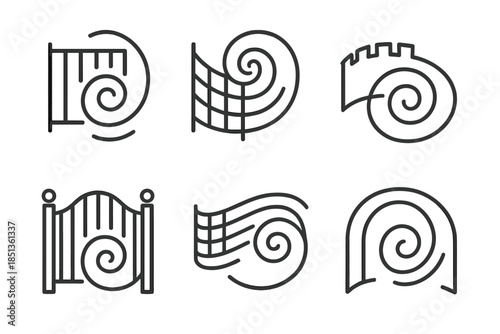 Harmonic Wall Rotations. Line vector icons of harmonic wall rotations: balanced enclosure spins, tonal fence spirals, rhythmic