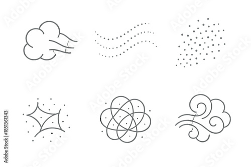 Muted Powder Icons. Line vector icons of muted powder unions: dim dust curls, blurred particle strands, shaded grain clusters,