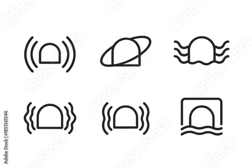 Oscillating Haven Icons. Line vector icons of oscillating haven offers: vibrating dome outlines, pulsing protection rings,