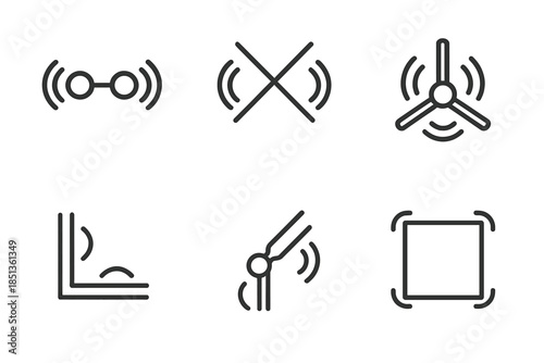 Vibrating Junction Icons. Line vector icons of vibrating junction problems: pulsing connection points, oscillating meeting lines,