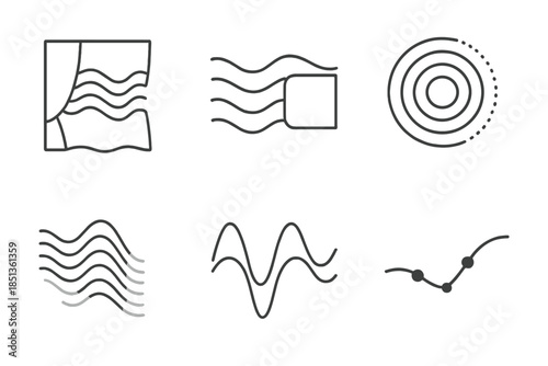 Hidden Motion Resonance. Line vector icons of hidden motion resonance: veiled oscillation lines, secret flow waves, shaded