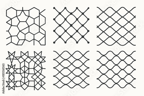 Resonant Tessellation Networks. Line vector icons of resonant tessellation networks: interconnected pattern lines, harmonic