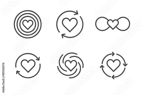 Emotional Cycle Icons. Line vector icons of cyclic emotional generation: rhythmic passion circles, rotating heartlines, balanced