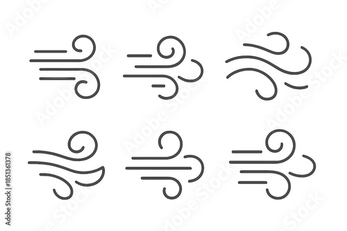 Gusty Wind Icons. Line vector icons of gusty crooked sectors: curved wind routes, bent flow divisions, turbulent air bends,