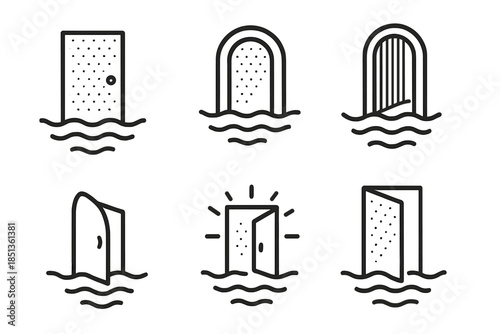 Buoyant Portal Icons. Line vector icons of a buoyant entry with dappled marks: floating door outlines, shaded light dots, gentle