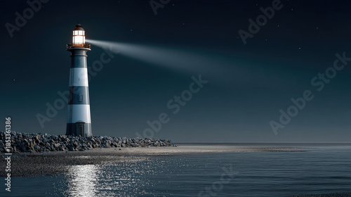 Lighthouse night ocean beacon rocky shore water sky stars illuminated tranquil scene. lighthouse stands rocky shore its beacon shining over calm