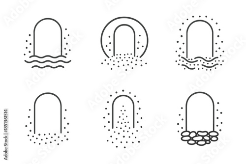 Buoyant Entry Icons. Line style icons of a buoyant entry with dappled marks: soft floating passage in tonal dots, circular glow