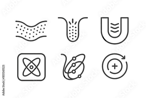 Micro Dynamics Icons. Line style icons of micro-charged recess patterns: gentle hollow filled with particle flow, curved form