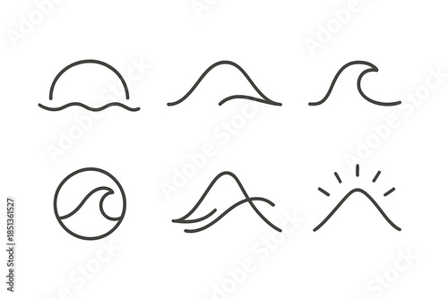 Harmonious Elevation Icons. Line style icons of harmonious elevation: domed horizon line with flow beneath, rhythmic arc shaping