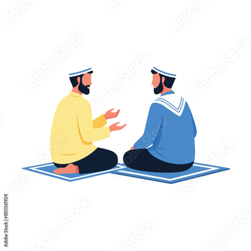 Two bearded Muslim men in traditional caps sitting on prayer mats, engaged in a friendly conversation.