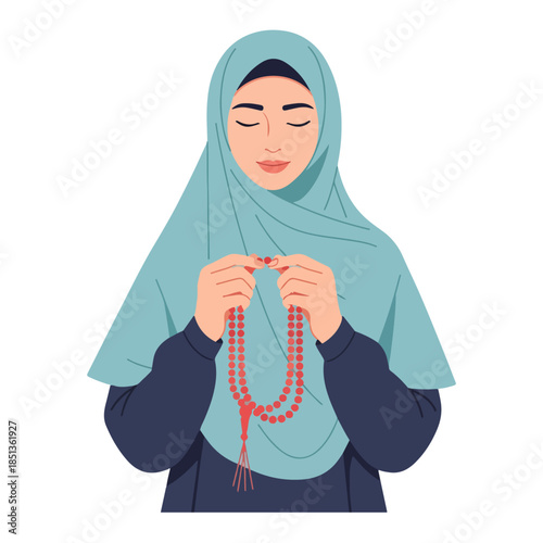 Muslim woman praying with tasbih, eyes closed in devotion.