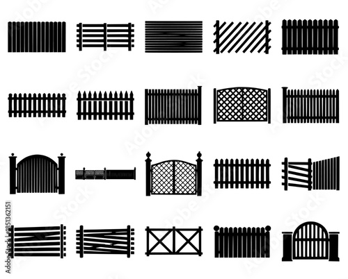 Monochrome Silhouette of Diverse Fence Panels and Gates in a Vector Array