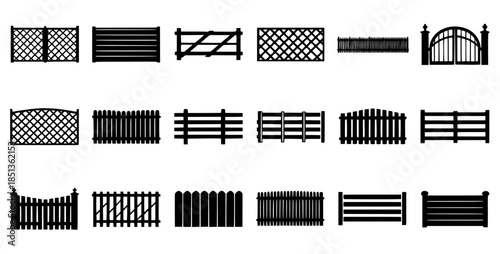 Row of Fence and Gate Silhouettes in Vector Illustration