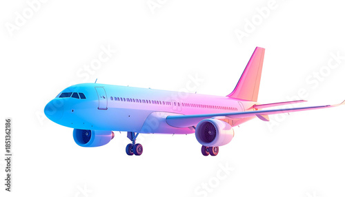 A white passenger aircraft is side-view, brightly lit with neon pink, blue, and purple hues