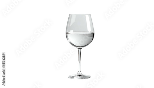 A clear, elegant wine glass, half-filled with a translucent liquid, isolated on black