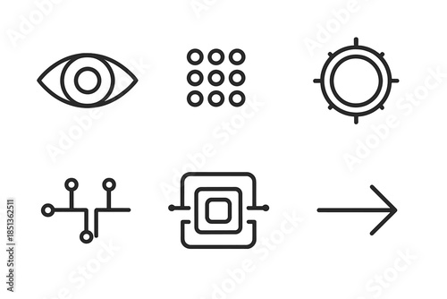 High-Tech Retina Icons. Line vector icons of high-tech vision retina: eye shape, photon sensor array, electrode ring, data line,