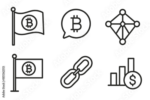 Community Token Icons. Line vector icons of community token flag: waving sheet, token bubble, mesh web, pole fixture, link node,