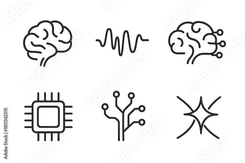 Brain-Computing Vector Icons. Line vector icons of brain-linked computing: neural silhouette, oscillation lines, connector pad,