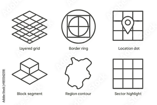 3D Virtual Land Icons. Line vector icons of 3D-virtual land sector: layered grid, border ring, location dot, block segment, region
