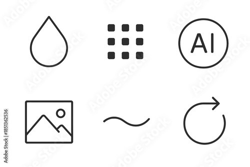 AI Generated Watermark Icons. Line vector icons of AI-generated content watermark: droplet mark, pixel dot cluster, AI hint node,