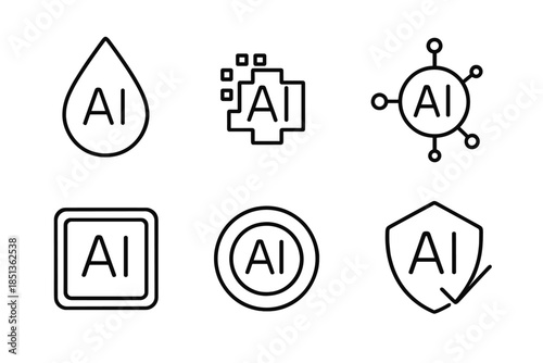 AI Origin Icons. Line vector icons of AI origin mark on content: drop emblem, pixel pattern, tech node, framed tile, subtle ripple