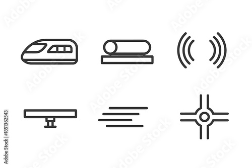 Maglev Transport Icons. ine vector icons of maglev transport: streamlined train, levitation rail, magnetic field arcs, guide track