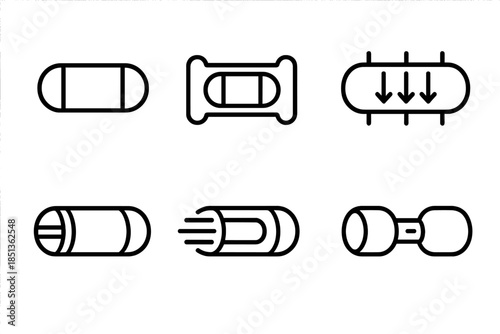 Vacuum Capsule Icons. Line vector icons of vacuum pipeline capsule: capsule shape, pipe-like tunnel, pressure arrows, magnetic