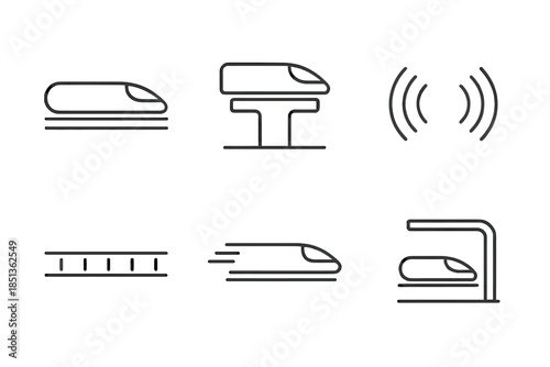 Ultra-Fast Levitating Railcar. Line vector icons of ultra-fast levitating railcar: slim pod, lifted guide, field waves, track