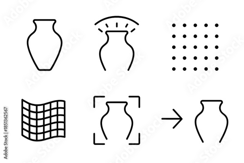 3D Historical Mapping Icons. Line vector icons of 3D mapping of historical object: artifact profile, scan beam arc, dot cloud,