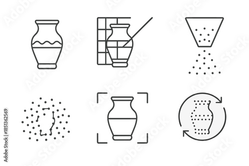 3D Artifact Scanning Icons. Line vector icons of 3D artifact scanning: artifact outline, laser grid, scan beam, point cloud dots,