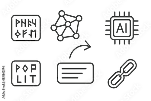 AI Deciphers Ancient Writings. Line vector icons of AI deciphering ancient writings: runic block, symbol mesh, processing chip,