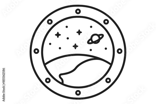 Extraterrestrial Suite Window View. Line vector icons of extraterrestrial suite window view: framed porthole, curved Earth, dotted