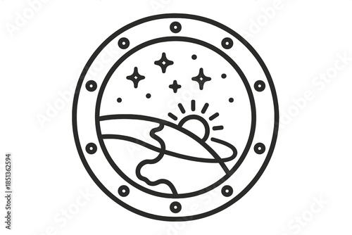 Space-Hotel View Icons. Line vector icons of space-hotel Earth panorama: porthole ring, globe segment, starfield, frame bolts,