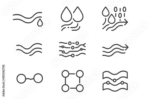 Data Flow Icons. Line style icons of data handoff streams: water vein, shared flow, binary droplets, network brook, current relay,