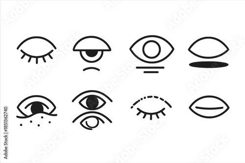 Line Style Icons. Line style icons of rapid visual burials: closing eye, sinking gaze, fading reflection, swift shadow, buried
