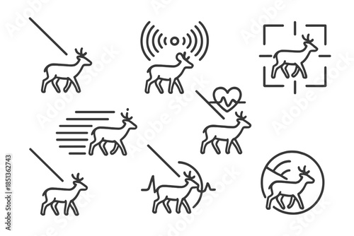 Creature Courtship Icons. Line style icons of creature courtship laser scanning: scanning beam, animal silhouette, reflective