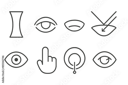 Eye Mechanics Icons. Line style icons of eye depression mechanics: concave lens, visual indent, curved surface, light reflection