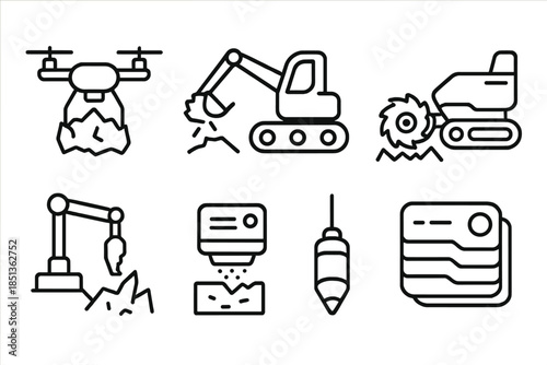 Mini Glacial Robots. Line style icons of mini glacial process robots: glacier drone, micro excavator, frost wheel, melting ray,