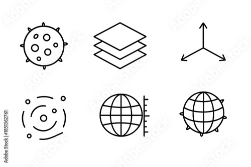 Microscopic Botanical Symbols. Line style icons of microscopic botanical measurement: pollen cell, layered grid, spatial axis,