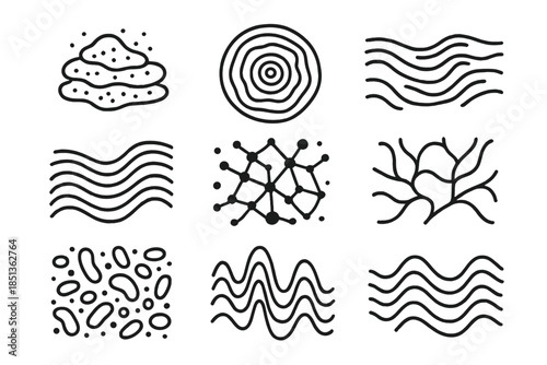 Dynamic Biofilm Icons. Line style icons of biofilm moving images: layered colony, ripple animation, fluid surface, flowing contour