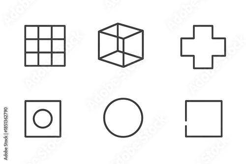 Structural Absence Icons. Line style icons of structural absence patterns: open grid, hollow framework, broken outline, fragmented