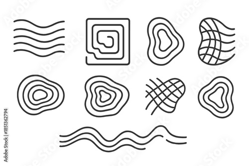 Underwater Silk Depths. Line style icons of underwater silk depth charts: flowing thread lines, layered depth grid, woven water